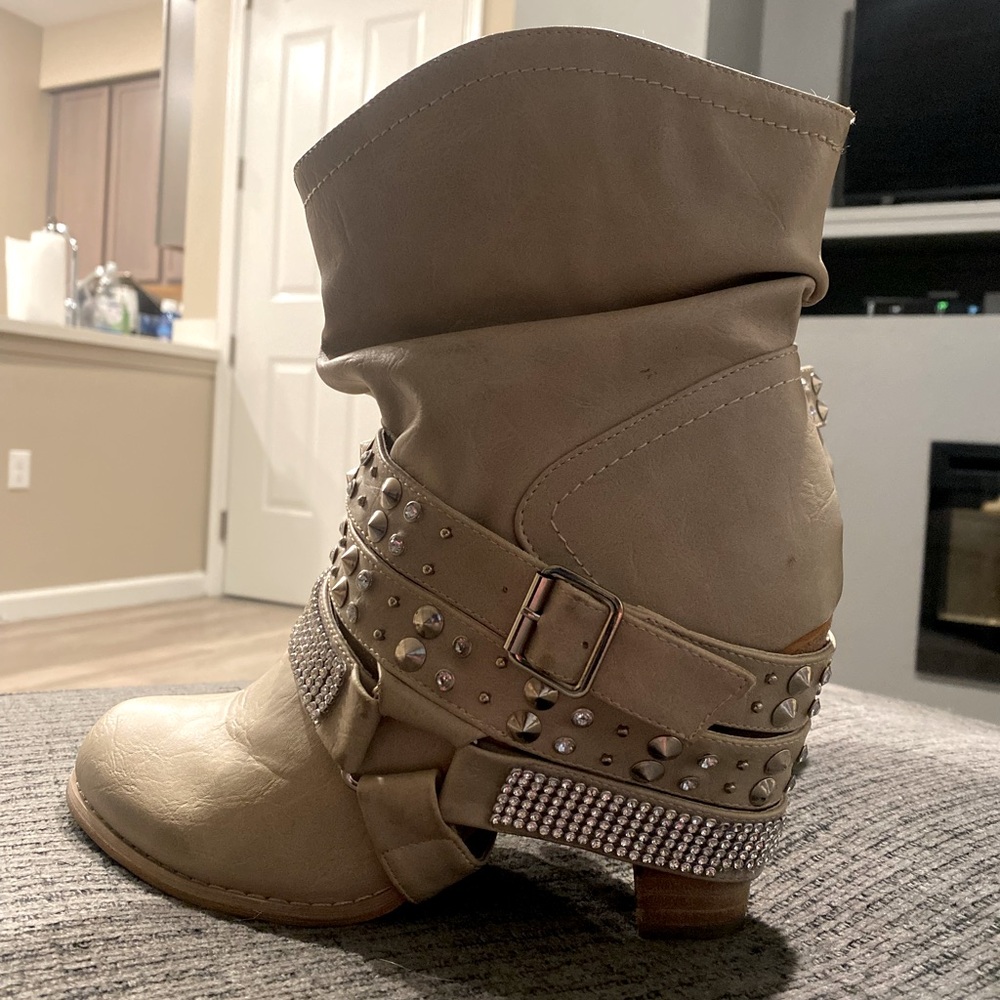 Tan jewel heel boots